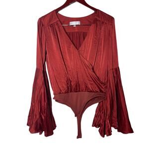 Caroline Constance extra bell sleeve silk V neck burnt orange bodysuit sz S